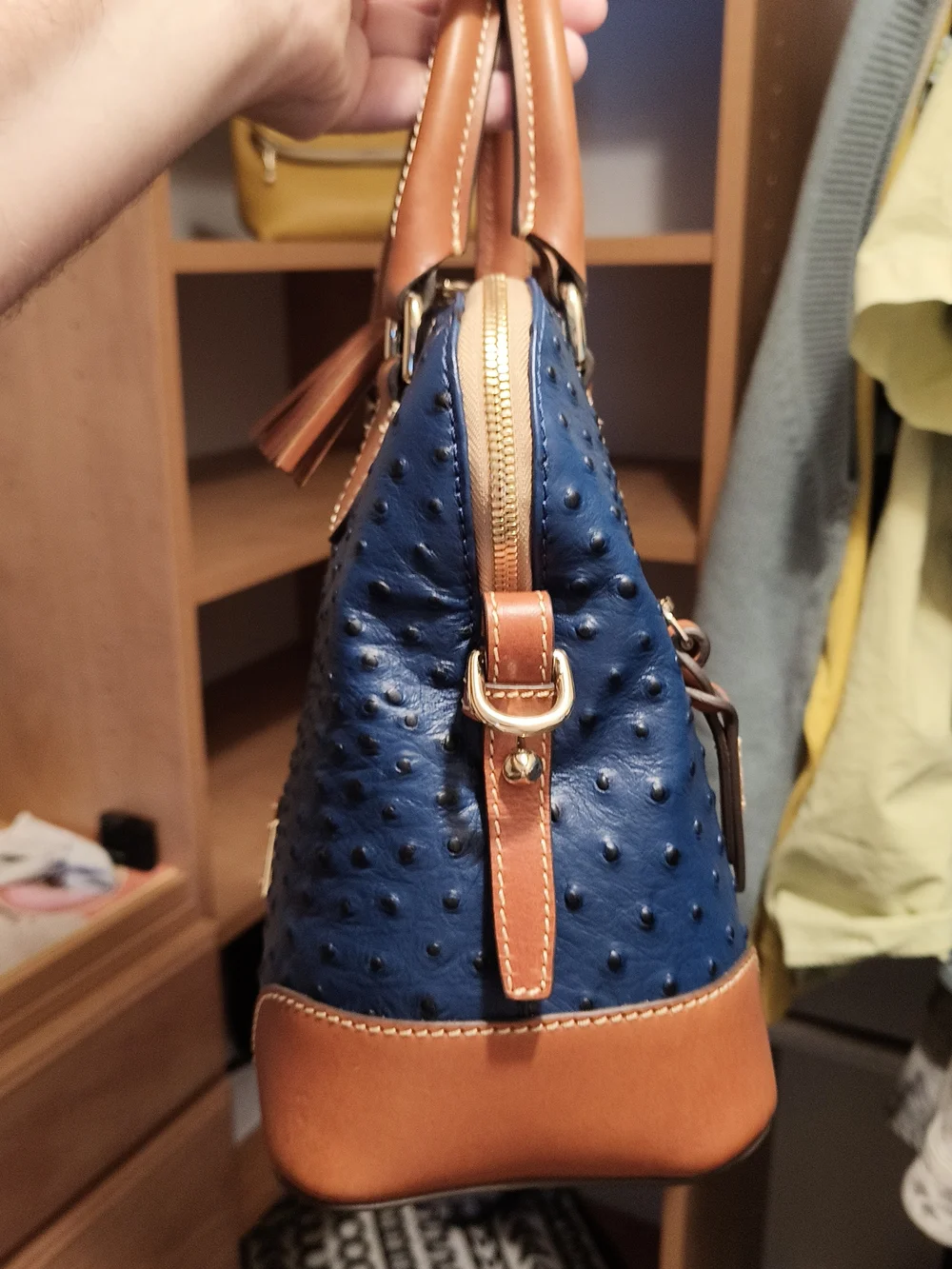 Dooney & Bourke Navy Ostrich-Embossed Satchel with Brown Trim